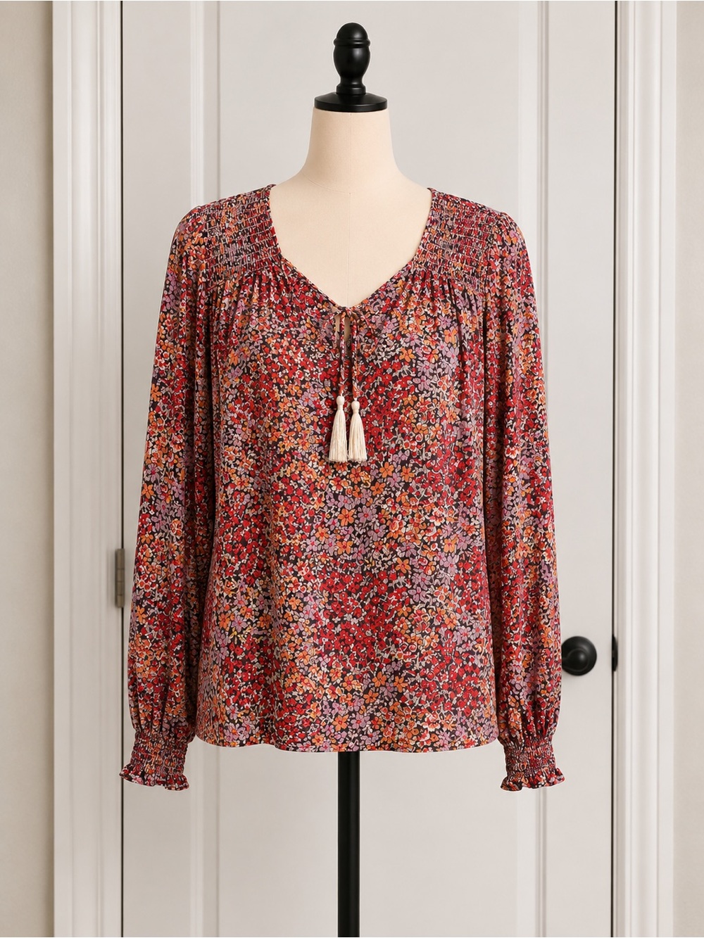 RACHEL Rachel Roy Red Multi Floral Tassel Peasant Blouse